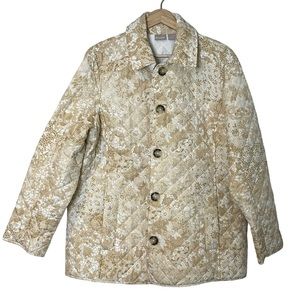 Chico's Quilted Floral Button Front Coat Size L Lightweight Beige White Pocket